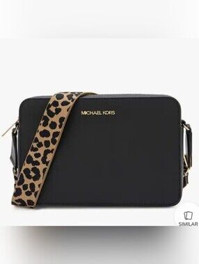 Michael Kors Black Crossbody Bag w/ Leopard Strap Gold Hardware